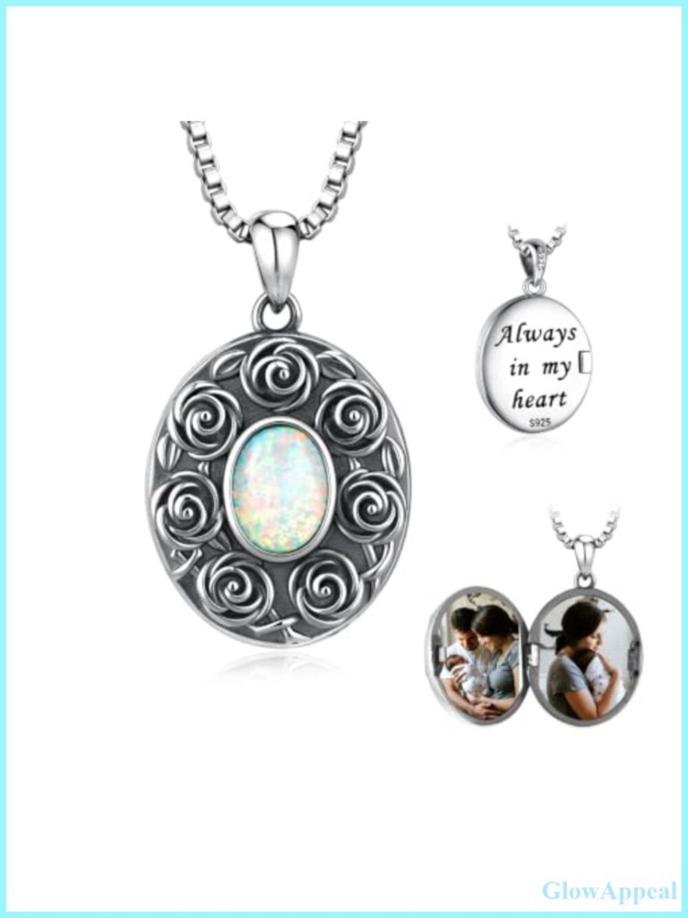 925 Sterling Silver Opal Rose Locket Necklace Women Memorial Photo Pendant